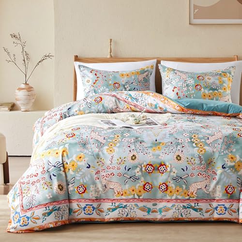 Cupocupa Bohemian King Duvet Cover Set, Vintage Floral Animal Print Bedding with Reversible Teal Lining, Zipper Closure & Corner Ties, Soft Breathable Light Blue Colorful Comforter Cover for Bedroom - Image 1