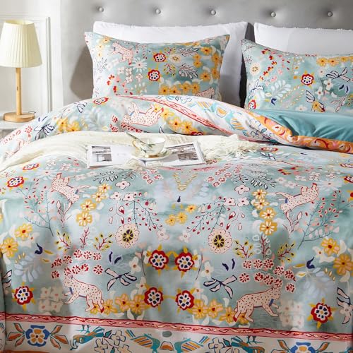 Cupocupa Bohemian King Duvet Cover Set, Vintage Floral Animal Print Bedding with Reversible Teal Lining, Zipper Closure & Corner Ties, Soft Breathable Light Blue Colorful Comforter Cover for Bedroom - Image 4
