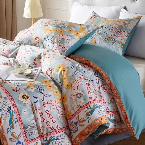 Cupocupa Bohemian King Duvet Cover Set, Vintage Floral Animal Print Bedding with Reversible Teal Lining, Zipper Closure & Corner Ties, Soft Breathable Light Blue Colorful Comforter Cover for Bedroom - Image 3