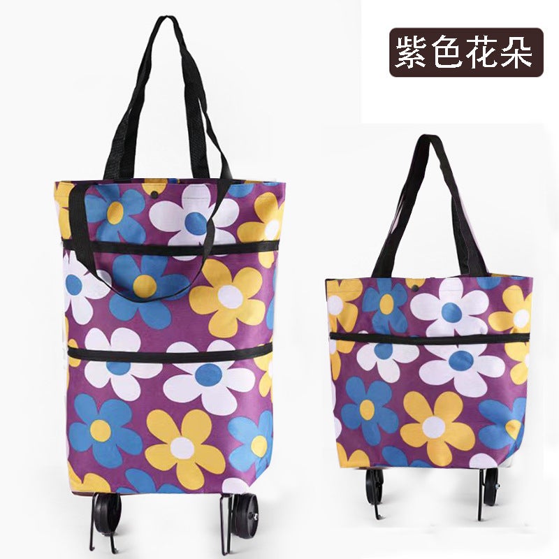 Foldable Trolley Shopping Cart with Handbag Purple Flowers 