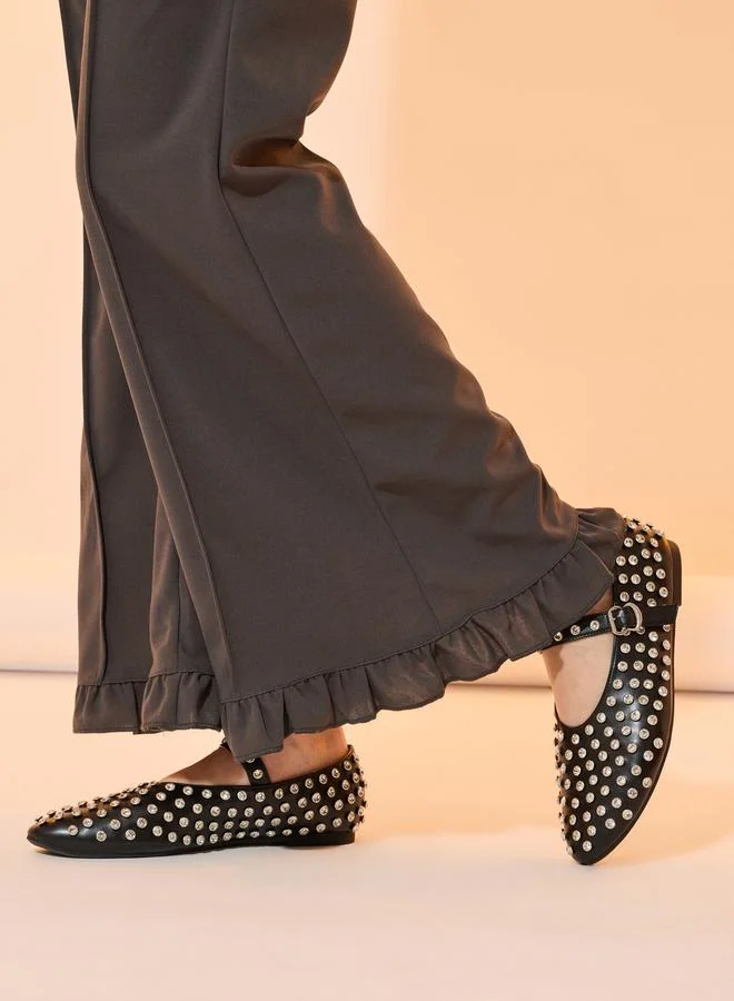 Take Two Solid Pintuck Flared Pants with Ruffled Hem