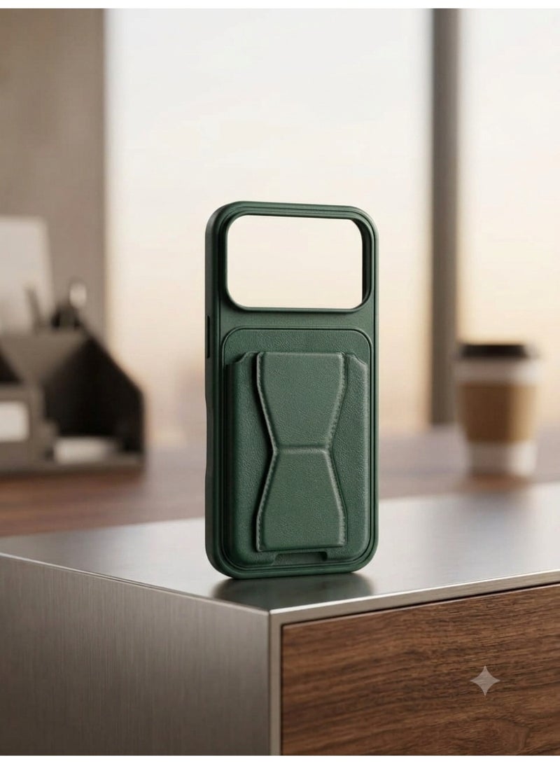 iPhone 17 Pro Green Leather Case with Wallet and Kickstand