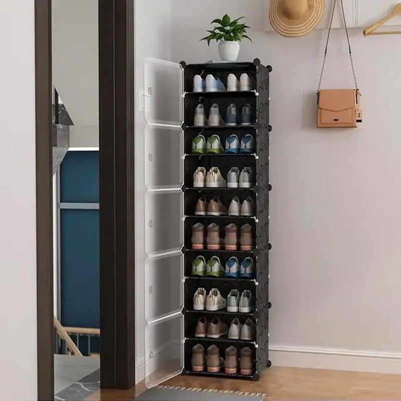 Zemic DIY Portable Shoe Rack for Home Plastic Shelves Household Shelf Shoe Rack with Dustproof Door for HeelsSlippersBoots for Entryway or Bedroom Black 10Shelf5Door