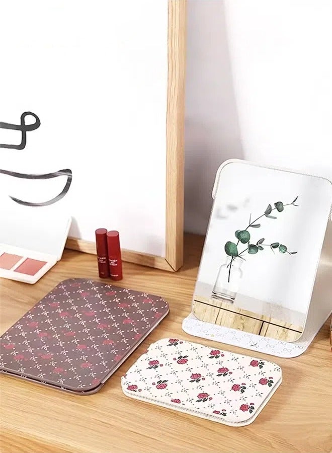 Tabletop Foldable Makeup Mirror,Portable Vintage Rose Pattern Desktop Mirror,PU Portable Adjustable Rectangular Ultrathin Mirror,For Travel,Camping,Home  - Image 3
