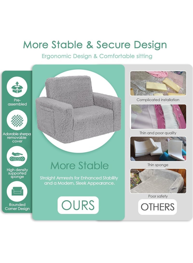 YOUWE7 Kids Couch for Toddler, 2-in-1 Toddler Soft Couch - Kids Chairs Convertible Sofa to Lounger, Easily Folds Out Into a Soft Baby Couch for Napping - Modern Fold-Out Sofa, Grey - Image 4