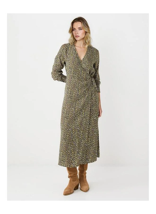 Jimmy Key Khaki V-Neck Long Sleeve Patterned Woven Midi Dress.