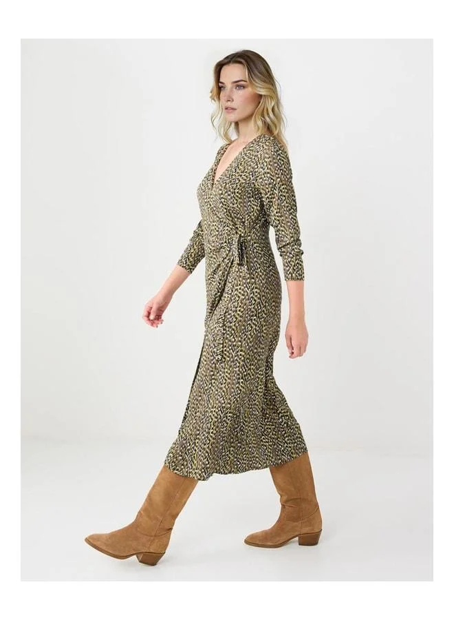 Jimmy Key Khaki V-Neck Long Sleeve Patterned Woven Midi Dress.