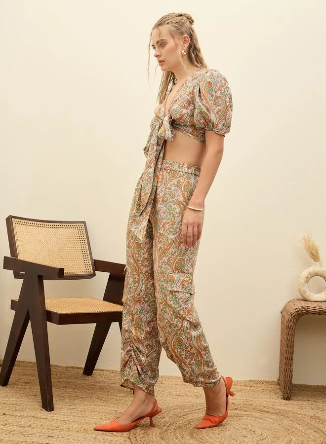 SASSAFRAS Paisley Print Tie-Front Crop Top and Trousers Co-Ords