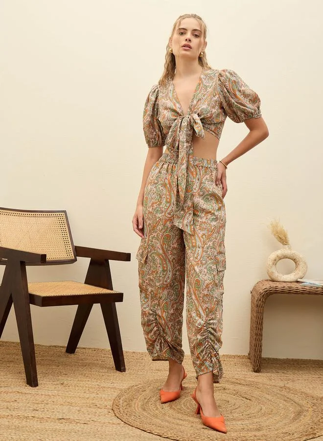 SASSAFRAS Paisley Print Tie-Front Crop Top and Trousers Co-Ords