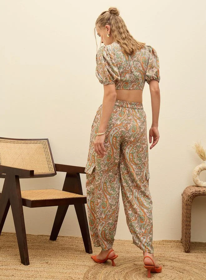 SASSAFRAS Paisley Print Tie-Front Crop Top and Trousers Co-Ords