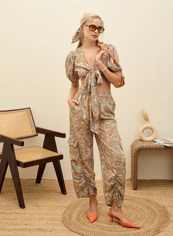 SASSAFRAS Sassafras Paisley Print Tie-Front Crop Top and Trousers Co-Ords
