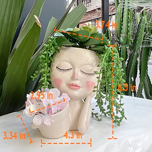 ASDFG Face Plant Pot - Double Flower Pots for Indoor Outdoor Plants Resin Head Planter with Drainage Hole Cute Lady Face Plant Pots, Garden Decoration Planters, Medium - Image 3