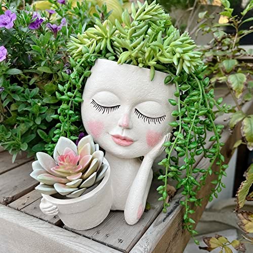 ASDFG Face Plant Pot - Double Flower Pots for Indoor Outdoor Plants Resin Head Planter with Drainage Hole Cute Lady Face Plant Pots, Garden Decoration Planters, Medium - Image 1