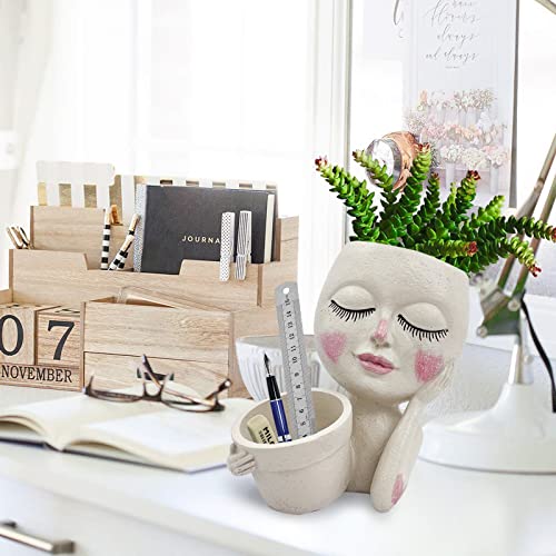 ASDFG Face Plant Pot - Double Flower Pots for Indoor Outdoor Plants Resin Head Planter with Drainage Hole Cute Lady Face Plant Pots, Garden Decoration Planters, Medium - Image 4