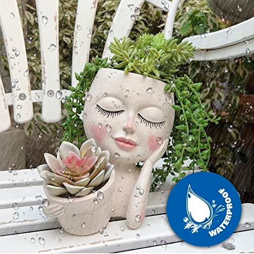 ASDFG Face Plant Pot - Double Flower Pots for Indoor Outdoor Plants Resin Head Planter with Drainage Hole Cute Lady Face Plant Pots, Garden Decoration Planters, Medium - Image 5