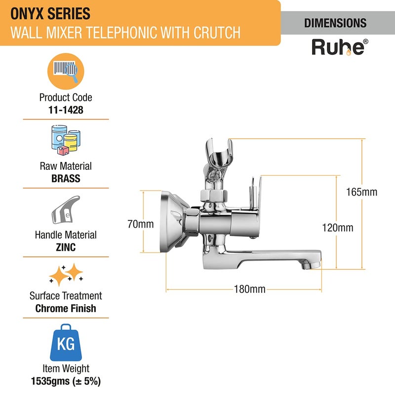 Ruhe Onyx Wall Mixer Telephonic with Crutch Bathroom FaucetTap Wall Mounted Double Lever Wall Mixer Telephonic Bathroom FaucetTap with Wall Flange Chrome Finish - Image 2