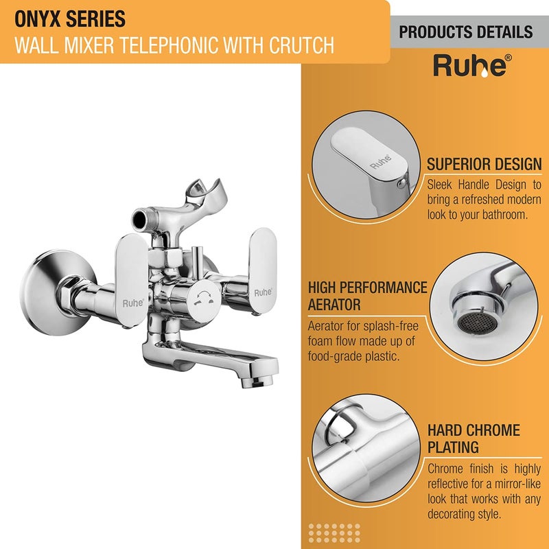Ruhe Onyx Wall Mixer Telephonic with Crutch Bathroom FaucetTap Wall Mounted Double Lever Wall Mixer Telephonic Bathroom FaucetTap with Wall Flange Chrome Finish - Image 3