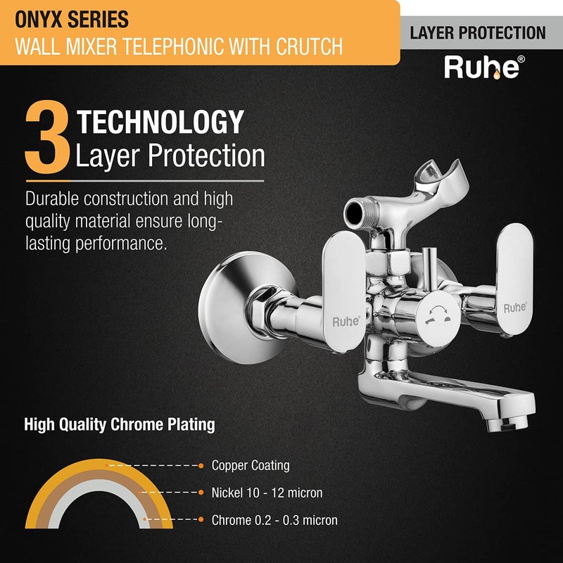 Ruhe Onyx Wall Mixer Telephonic with Crutch Bathroom FaucetTap Wall Mounted Double Lever Wall Mixer Telephonic Bathroom FaucetTap with Wall Flange Chrome Finish - Image 4