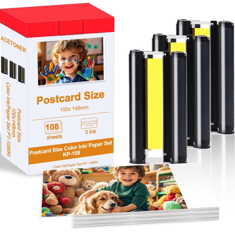 ACETONER Compatible for Canon Selphy CP1500 Ink and Paper KP-108IN 3 Color Ink Cartridges & 108 Sheets 4x6 Photo Paper Glossy for Canon Selphy CP1300,CP1500,CP1500,CP1000, CP910, CP900 Compact Photo Printers - Image 1