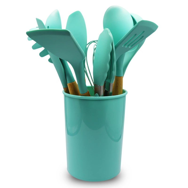 Cheer Collection 12 Piece Silicone Spatula Set with Wooden Handles  NonStick Silicone Utensils for Cooking Aqua