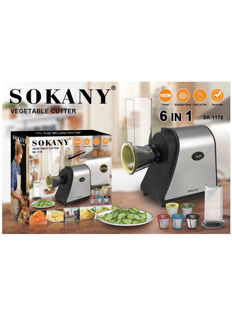 sokany - Electric Cheese Grater, 1000W Electric Slicer Chopper, Multi Grater, Fruit Cutter, Vegetable Slicer, Shredder, Food Processor with 5 Blades Set SK-1178 Black - Image 1