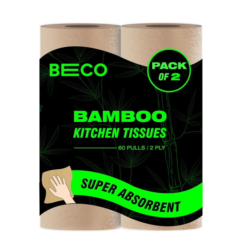 BECO Bamboo - 2 Ply Kitchen Tissue/Towel Roll | 120 Pulls (60 pulls x 2 Rolls) | 100% Eco-Friendly - Pure Bamboo Pulp |Soft & Super Absorbent | Food Safe & Chemical Free Tissue Papers - Image 1