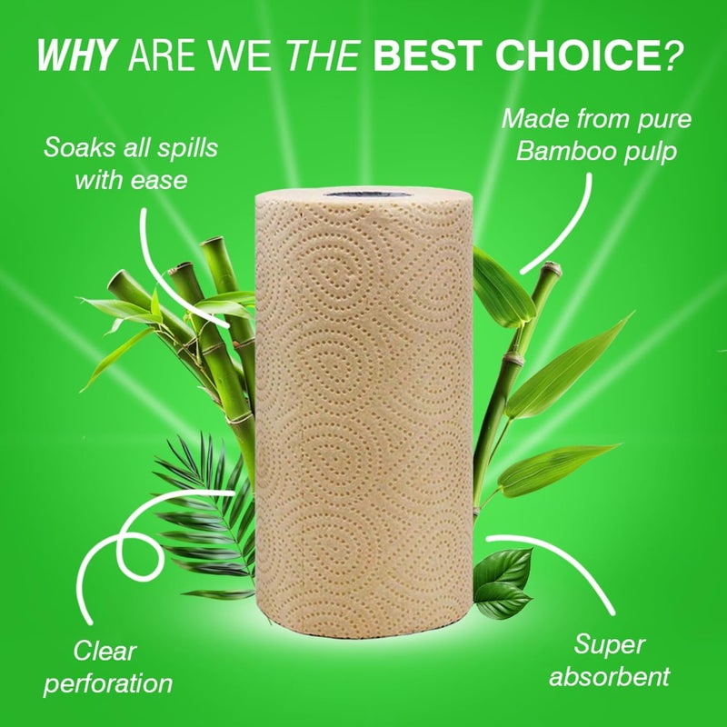 BECO Bamboo - 2 Ply Kitchen Tissue/Towel Roll | 120 Pulls (60 pulls x 2 Rolls) | 100% Eco-Friendly - Pure Bamboo Pulp |Soft & Super Absorbent | Food Safe & Chemical Free Tissue Papers - Image 2