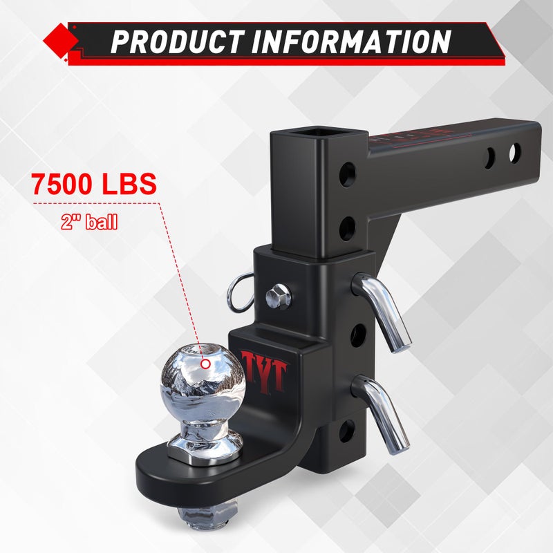 TYT Adjustable Trailer Hitch Ball Mount, 2" Towing Ball 7500 LBS, 9-1/2" Drop and 8-1/4" Rise, Fits 2-in Receiver with 2 Pin&Clips and 5/8" Premium Pin Lock for Heavy Duty Truck - Image 3