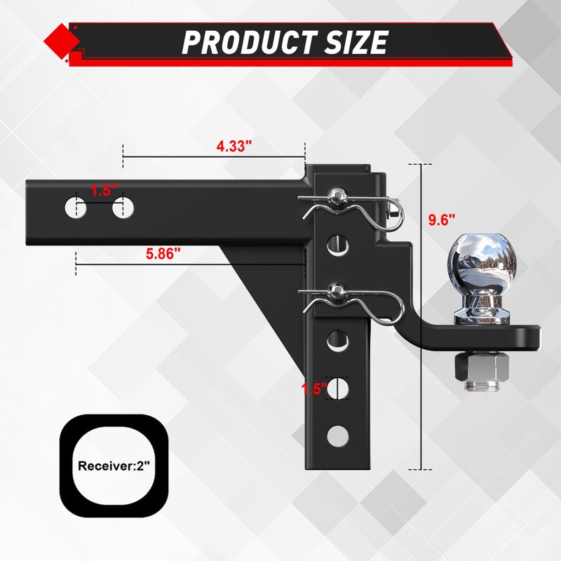 TYT Adjustable Trailer Hitch Ball Mount, 2" Towing Ball 7500 LBS, 9-1/2" Drop and 8-1/4" Rise, Fits 2-in Receiver with 2 Pin&Clips and 5/8" Premium Pin Lock for Heavy Duty Truck - Image 2