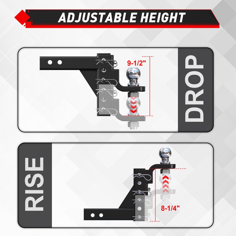 TYT Adjustable Trailer Hitch Ball Mount, 2" Towing Ball 7500 LBS, 9-1/2" Drop and 8-1/4" Rise, Fits 2-in Receiver with 2 Pin&Clips and 5/8" Premium Pin Lock for Heavy Duty Truck - Image 5