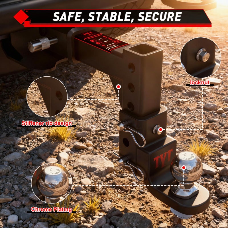 TYT Adjustable Trailer Hitch Ball Mount, 2" Towing Ball 7500 LBS, 9-1/2" Drop and 8-1/4" Rise, Fits 2-in Receiver with 2 Pin&Clips and 5/8" Premium Pin Lock for Heavy Duty Truck - Image 4