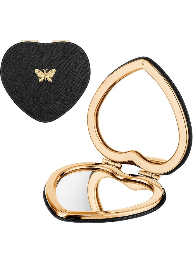 Heart Shaped Double-Sided 1X/2X Magnifying Mirror, Compact Folding PU Leather Makeup Mirror, Ultra-Portable for Women Home Office Travel - Image 1