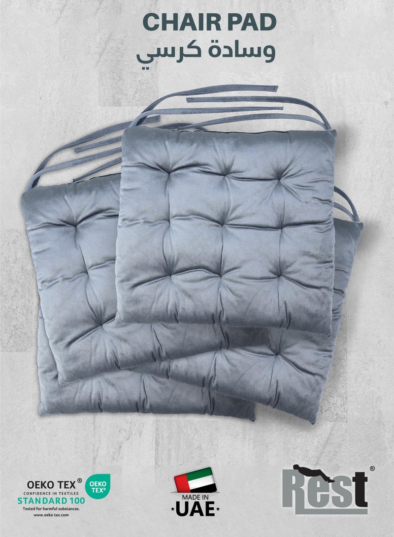 REST Pack of 4 Velvet Soft Chair Pad with Seat Ties Suitable for Garden , Kitchen and Office Chairs Indoor and Outdoor  Silver 40x40cm - Image 1