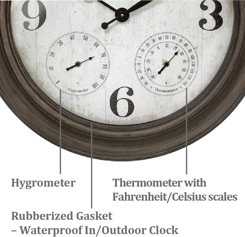 Presentime & Co. 26" Clifton in/Outdoor Farmhouse Clock with Thermometer & Hygrometer as All in One Weather Station, Farmhouse Wall Art and Timepiece for Home Decoration, Grey Oak Finish - Image 3