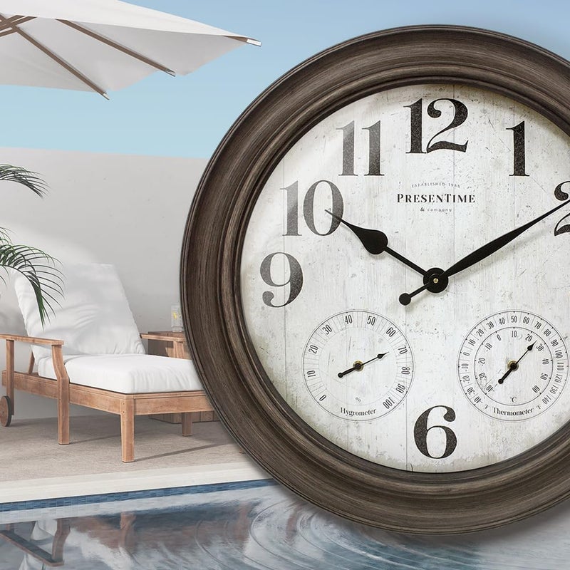 Presentime & Co. 26" Clifton in/Outdoor Farmhouse Clock with Thermometer & Hygrometer as All in One Weather Station, Farmhouse Wall Art and Timepiece for Home Decoration, Grey Oak Finish - Image 5