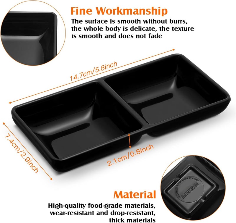 Gejoy 6 Pcs Dual Dipping Sauce Bowls Soy Sauce Dish Bowls Two Compartments Party Trays Divided Fondue Plates for Restaurant Kitchen Sushi Soy Black - Image 2