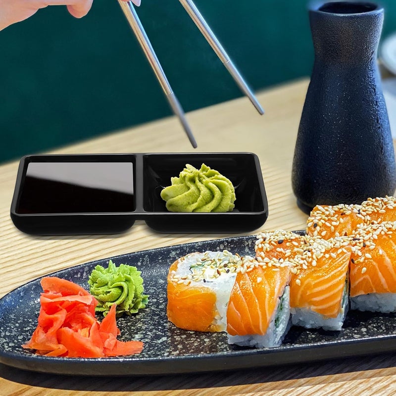 Gejoy 6 Pcs Dual Dipping Sauce Bowls Soy Sauce Dish Bowls Two Compartments Party Trays Divided Fondue Plates for Restaurant Kitchen Sushi Soy Black - Image 3