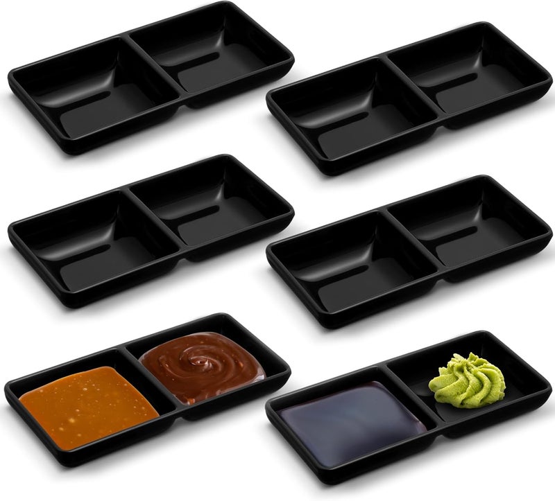 Gejoy 6 Pcs Dual Dipping Sauce Bowls Soy Sauce Dish Bowls Two Compartments Party Trays Divided Fondue Plates for Restaurant Kitchen Sushi Soy Black - Image 1