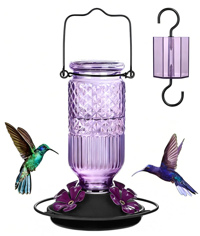 FEED GARDEN Glass Hummingbird Feeder 16 oz Hanging Outdoor Feeder with BeeProof Ports Ant Moat Leakproof Easy to Clean Refill 360 Perch Purple - Image 2