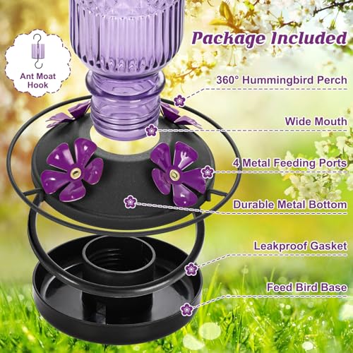 FEED GARDEN Glass Hummingbird Feeder 16 oz Hanging Outdoor Feeder with BeeProof Ports Ant Moat Leakproof Easy to Clean Refill 360 Perch Purple - Image 3