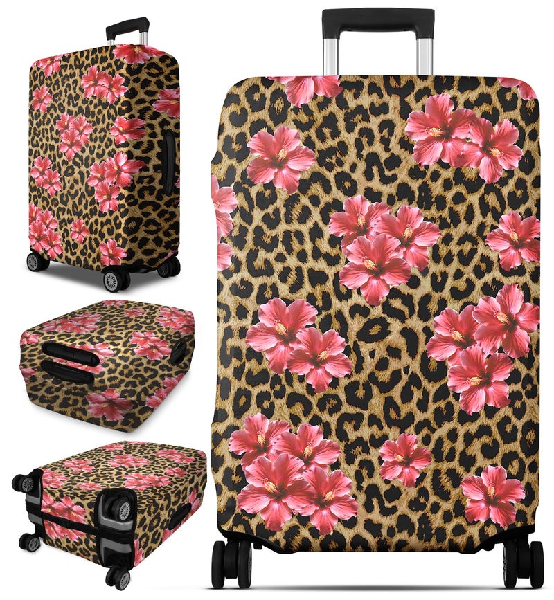 Slohif Luggage Cover for Suitcase Tsa Approved Protector - Brown Leopard Pink Flower Luggage Sleeve Medium Suit Case Cover Travel Stretch Baggage Case Protective Washable Fit 24-27 Inch - Image 1