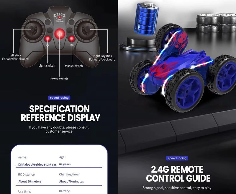 Amitasha 360° Rotate Stunt Car 4x4 Remote Control Car Dual Sided 4WD RC Car 4 Wheel Drive with Rechargeable Battery for Kids Boys Birthday Gift - Image 3