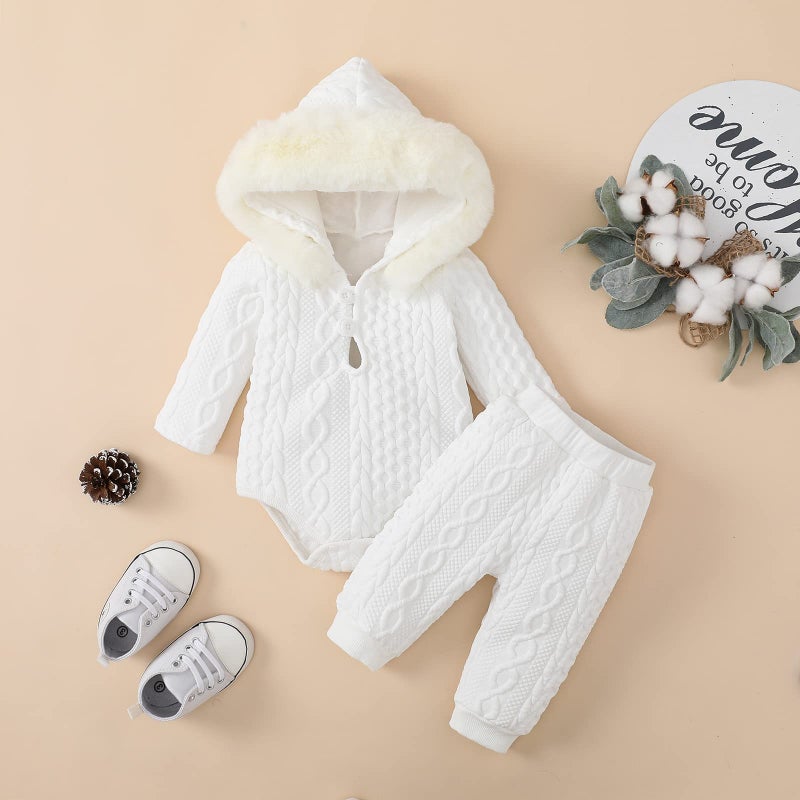 MIEKISA Baby Clothing Sets Girls Hooded Long Sleeve Romper and Pants Outfit (White, 3-6M) - Image 2