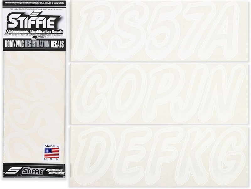 Stiffie WHIPLINE 3" Alpha-Numeric Registration Identification Numbers Stickers Decals for Boats & Personal Watercraft (Transparent/White) - Image 1