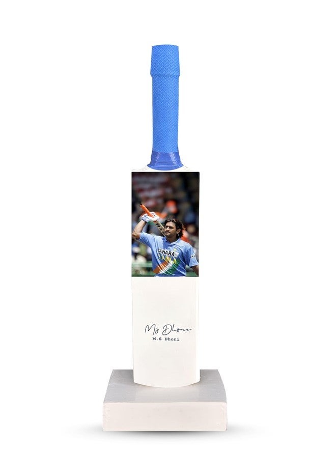 Frixan Decorative Miniature Cricket Bat, 12 Inch Display Piece with M/S Dhoni Printed (Not Original) Design, Blue Grip, White Base - Image 1