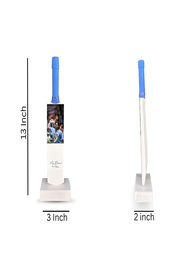 Frixan Decorative Miniature Cricket Bat, 12 Inch Display Piece with M/S Dhoni Printed (Not Original) Design, Blue Grip, White Base - Image 3