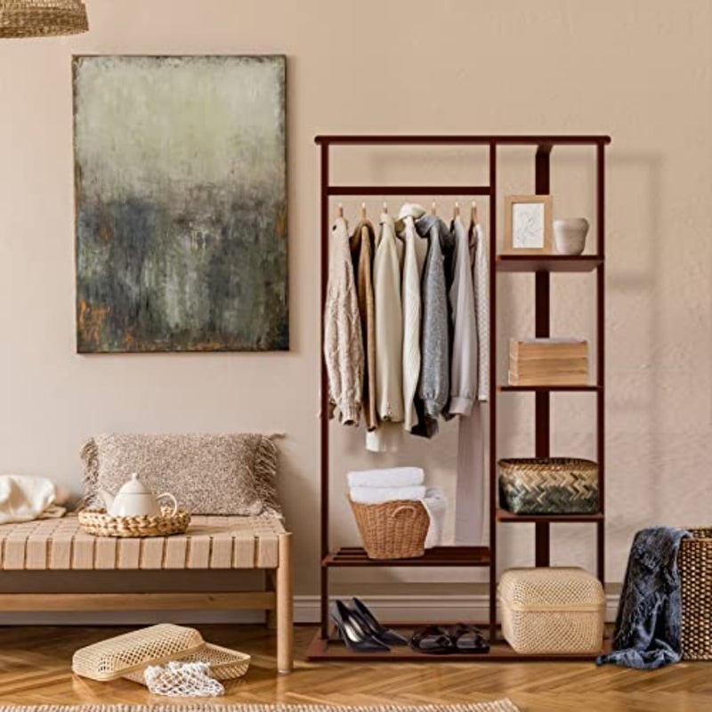 Bamboo Clothes Rack Stand: Cloth Hanger Wood Clothing Hanging Rail Standing Garment Rack with 1 Hanging Rod 3 Tier Side Storage Shelves and 2 Tier Bottom Shelves for bedroom Office Home - Image 2
