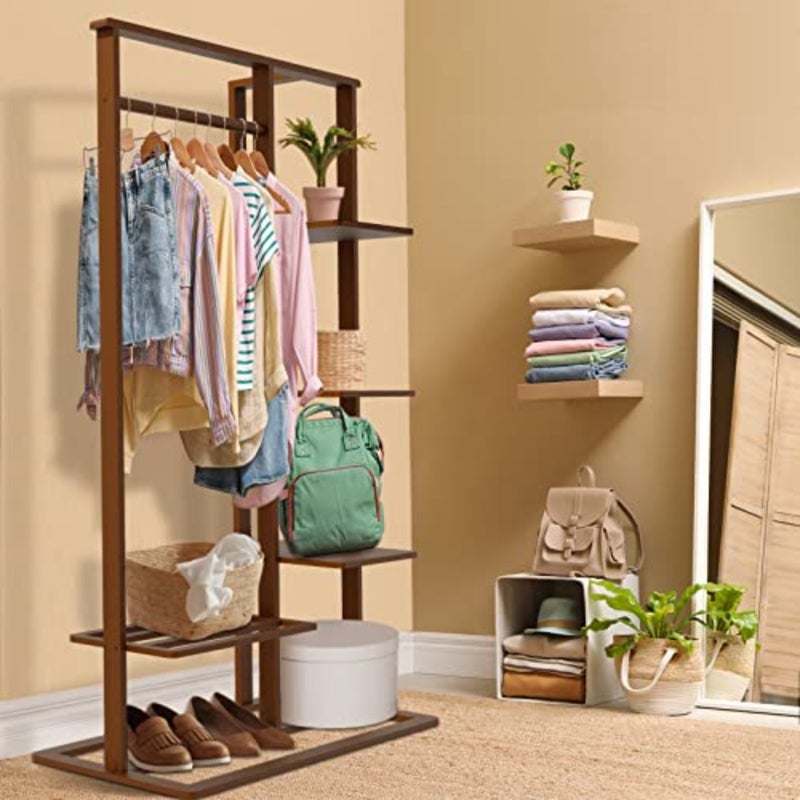 Bamboo Clothes Rack Stand: Cloth Hanger Wood Clothing Hanging Rail Standing Garment Rack with 1 Hanging Rod 3 Tier Side Storage Shelves and 2 Tier Bottom Shelves for bedroom Office Home - Image 3