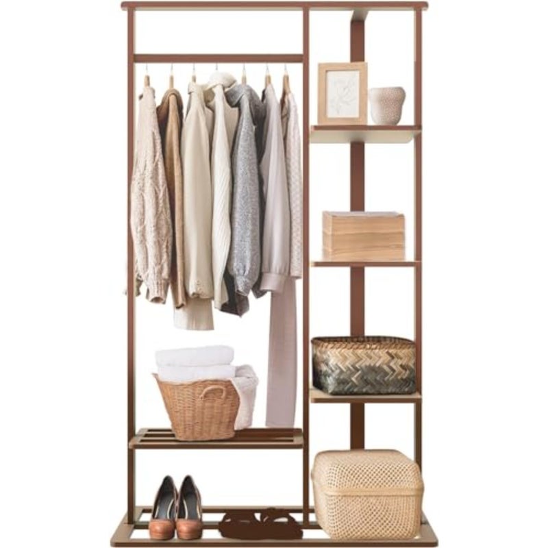 Bamboo Clothes Rack Stand: Cloth Hanger Wood Clothing Hanging Rail Standing Garment Rack with 1 Hanging Rod 3 Tier Side Storage Shelves and 2 Tier Bottom Shelves for bedroom Office Home - Image 1