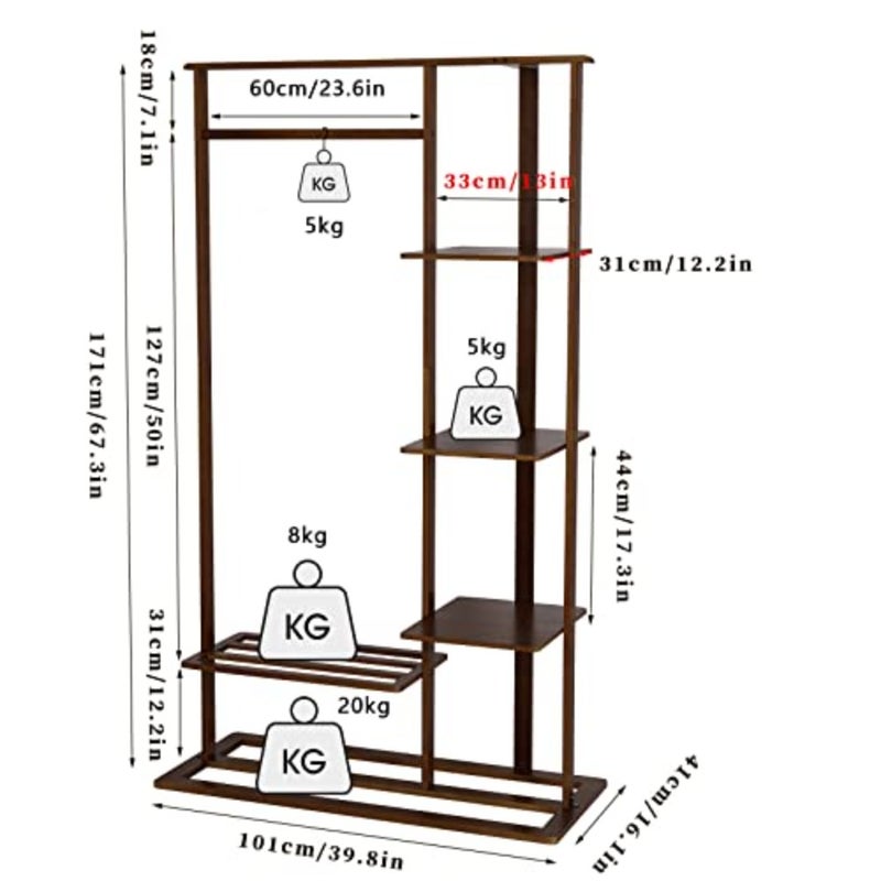 Bamboo Clothes Rack Stand: Cloth Hanger Wood Clothing Hanging Rail Standing Garment Rack with 1 Hanging Rod 3 Tier Side Storage Shelves and 2 Tier Bottom Shelves for bedroom Office Home - Image 5